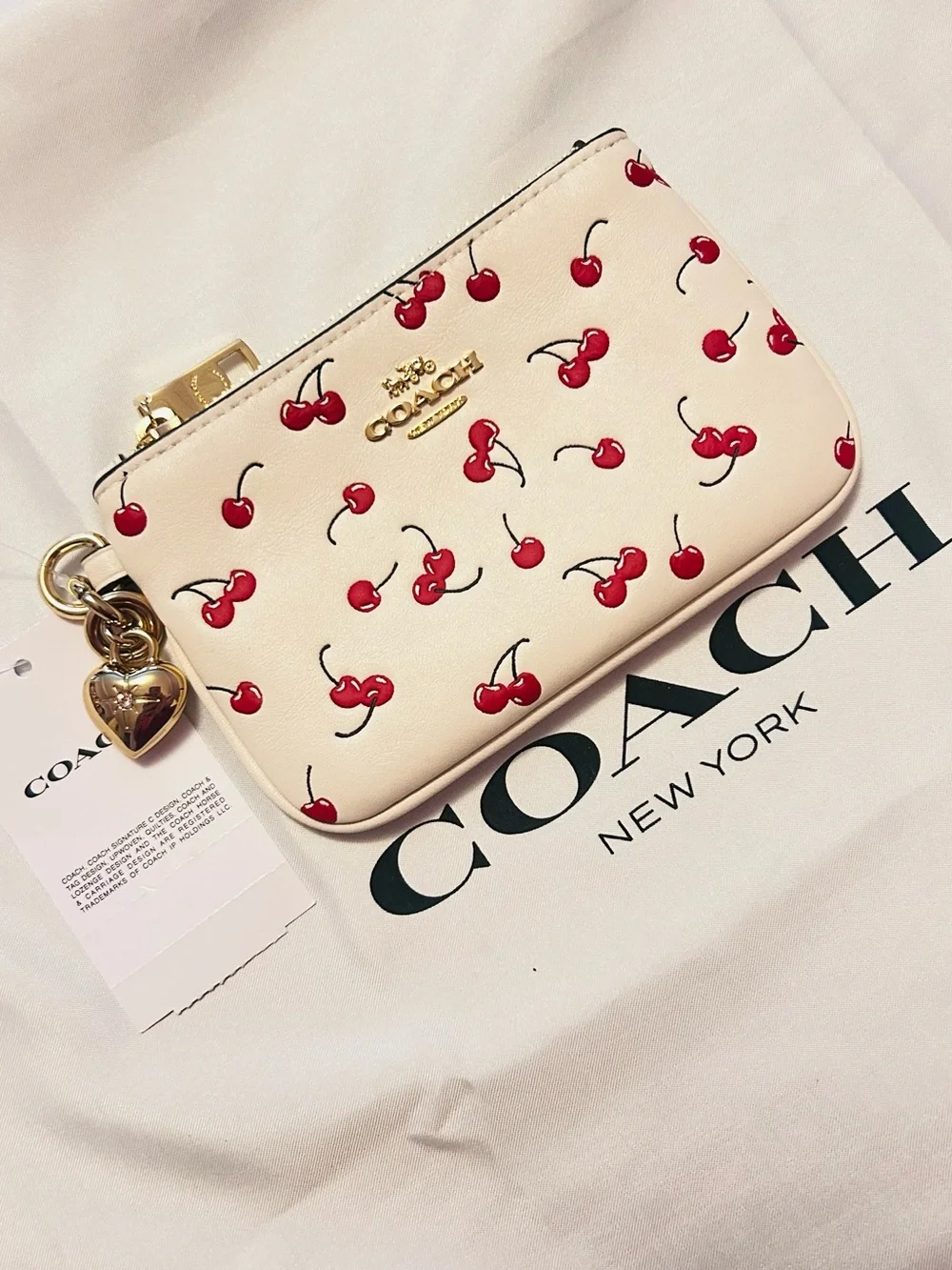 COACH Cherry Print/ W Heart Charm Wristlet Pouch